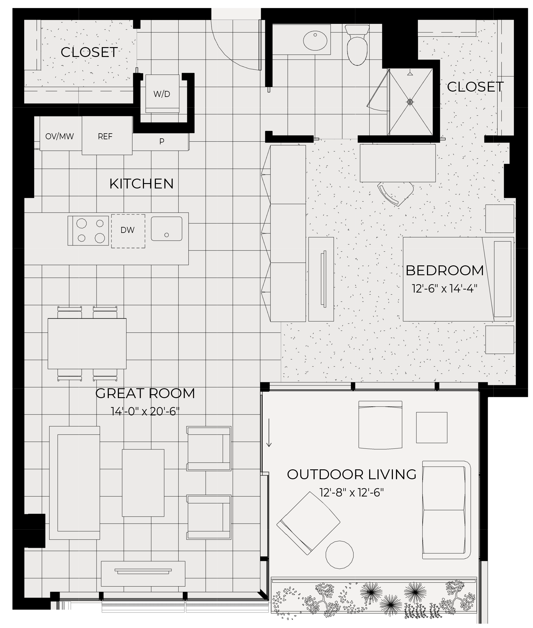 Floor plan for 1 bed, 1 bath, 949 sqft